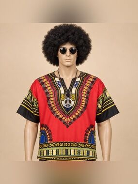 Men’s XL 70s Hippie Costume Shirt Wig Glasses Peace Medallion